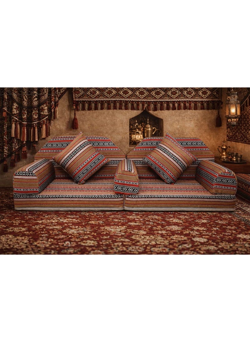 اكس بوت Traditional Arabic Majlis Floor Seating Sofa Set 1  Geometric Design  Bring warmth, tradition, and comfort into your home with this Traditional Arabic Majlis Floor Seating Sofa Set. Inspired by authentic Middle Eastern hospitality, this beautifully designed floor sofa features classic red geometric patterns that create an inviting and elegant atmosphere for any majlis or living space.  The low-profile floor seating design offers relaxed comfort, while thick seat cushions and supportive back and arm cushions ensure long-lasting comfort for daily use or special gatherings. Ideal for Ramadan, family evenings, and cultural décor, this majlis sofa blends heritage style with modern comfort - Image 2